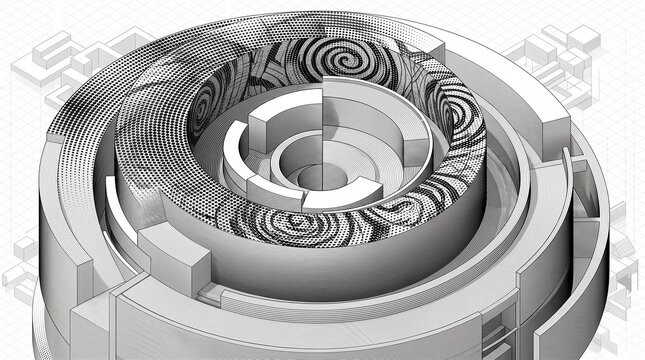 Abstract architectural 3d model with concentric circular structures and halftone spiral patterns