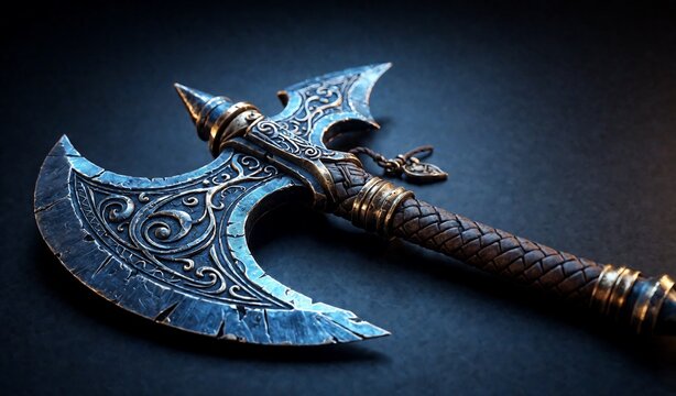 Dark Fantasy Battle Axe Weapon Closeup Dramatic Lighting Metal Artifact