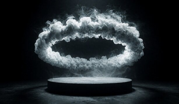 Dramatic Smoke Ring Ethereal Cloud Effect Stage Podium Dark Background Abstract Concept