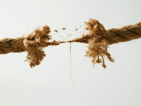 Close up of a frayed rope about to break against a white background.