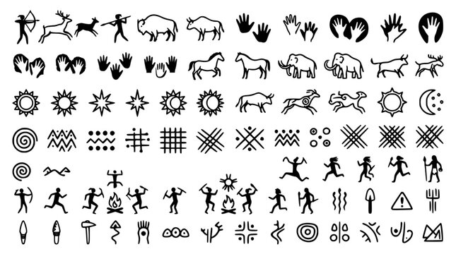 Prehistoric cave painting art vector icon collection featuring tribal hunters wild animals handprints sun symbols and ancient petroglyphs isolated on white background