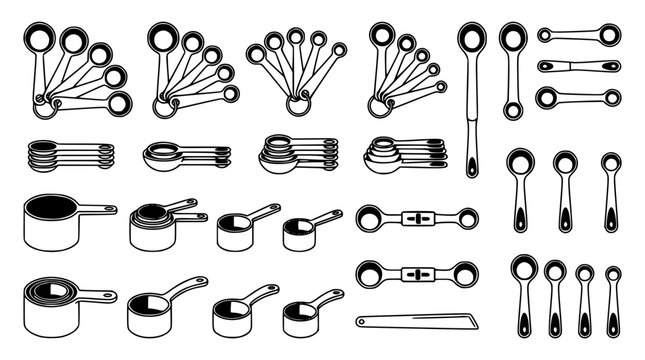 Measuring spoons and cups vector icon collection featuring kitchen baking tools and culinary volume equipment sets isolated on a white background