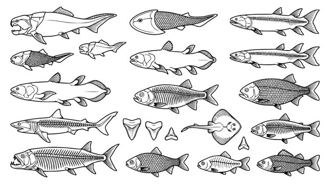 Prehistoric extinct fish and ancient marine life vector collection featuring armored placoderms primitive sharks ray and fossils isolated on white background
