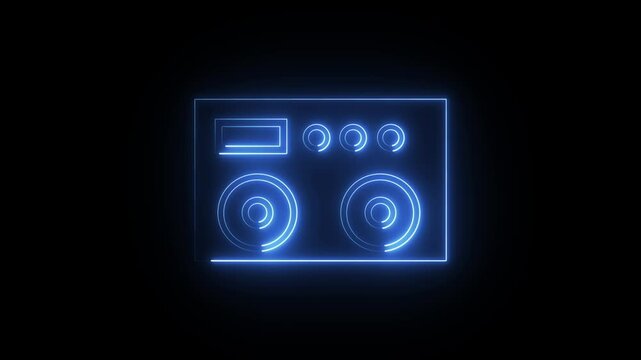 Glowing blue neon line home stereo system with two speakers icon isolated on black background. Retro boombox audio player illustration.