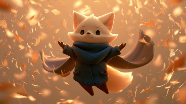 A small fox character jumps joyfully in a flurry of leaves. The setting is warm with soft light, capturing the joy of autumn.
