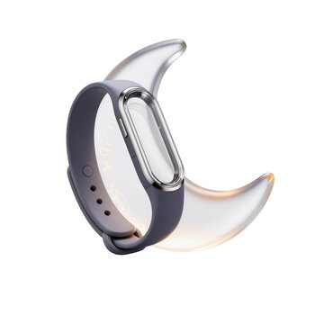 Fitness tracker tracking sleep with glass crescent moon on transparent background.