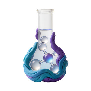 Clay stylized laboratory flask with glass molecule inside on transparent background.