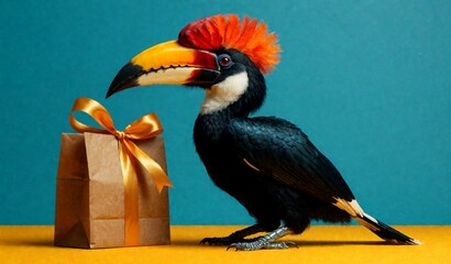 Obraz premium Vibrant Toucan with Gift Box Against Teal Background Stock Photo
