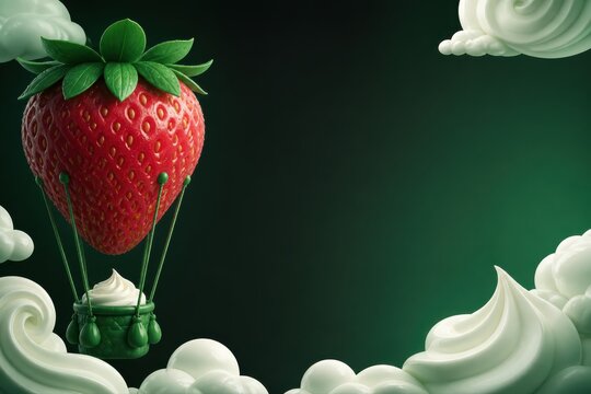 Strawberry hot air balloon with clouds and copy space in green scene