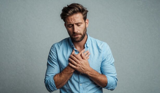 Man clutching chest in pain, sudden heart attack, anxiety, illness, medical distress, health crisis.
