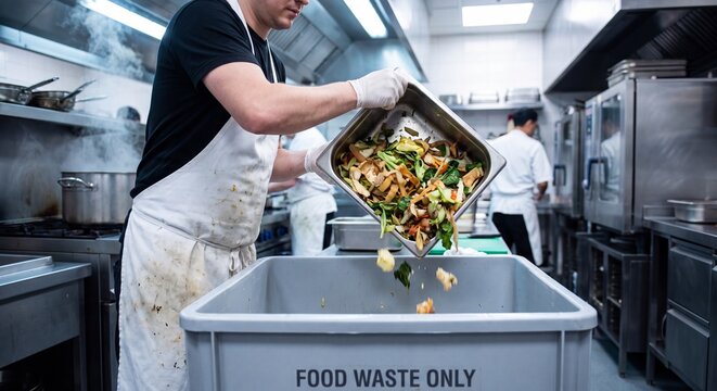 Professional kitchen staff disposing of unwanted food scraps into a large commercial waste bin with leftover cooked vegetables vegetables metal container, 8k Resolution