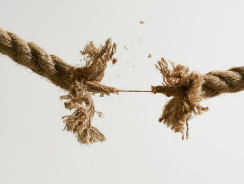 Close-up of a frayed rope about to snap under tension.