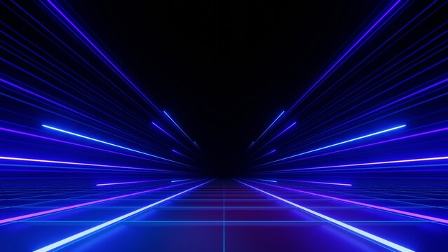 Abstract futuristic perspective grid background with vibrant blue and purple neon light lines vanishing into dark horizon. Retrofuturistic 3D cyber tunnel vector illustration for gaming, sci-fi, and m