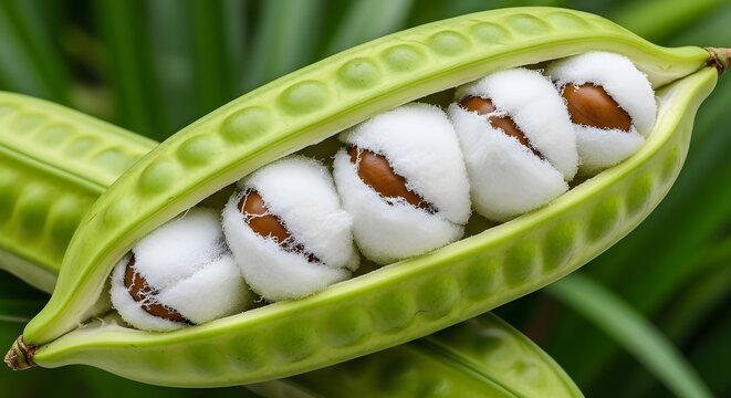 Fresh green bean pod with plump white seeds during daylight with soft focus background