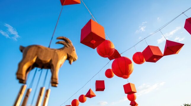 Golden goat ornament hanging with red Chinese lanterns.