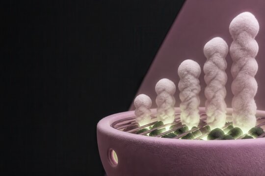 Pink abstract sculpture with glowing smoke plumes in 3D render