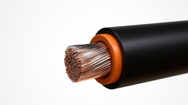 Close up of a thick industrial copper electrical cable end.