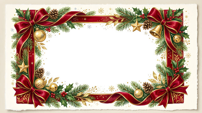 Original Christmas greeting card template, beautifully wrapped oversized Christmas present forming a decorative visual frame, red velvet ribbon, golden ornaments, evergreen branches and tiny snowflake