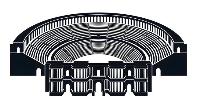 Black and white vector silhouette of an ancient Roman amphitheater architecture, historical landmark illustration isolated on white background.