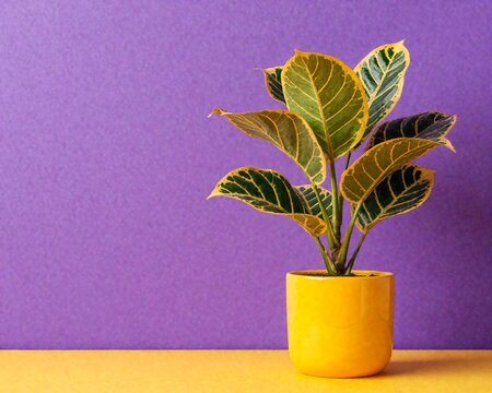 Vibrant Pothos Plant in Yellow Pot Against Purple Background