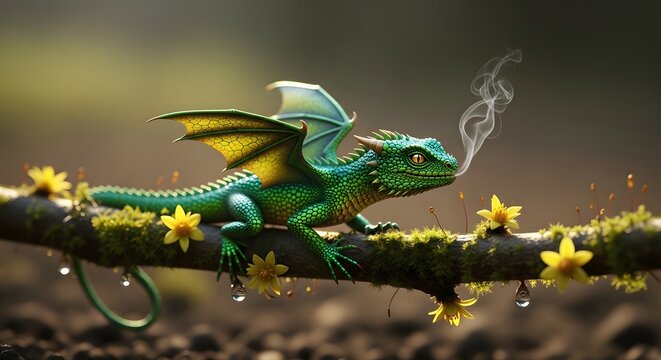 Green fantasy dragon with wings perched on a mossy branch amidst small yellow flowers with smoke emerging from its snout during daylight