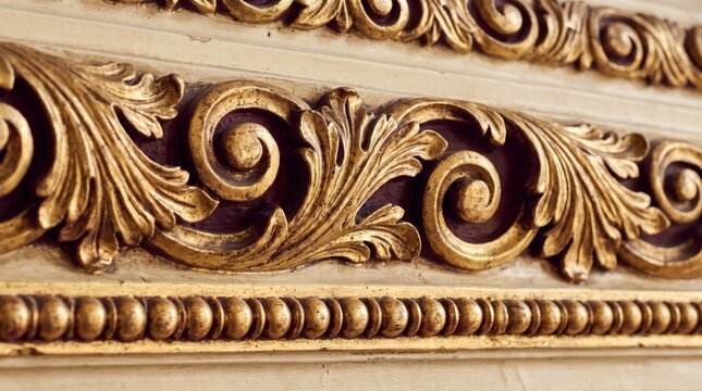 Ornate gold leaf carved molding detail on classical architectural frame showing scrollwork, acanthus leaves and beaded trim in warm tones