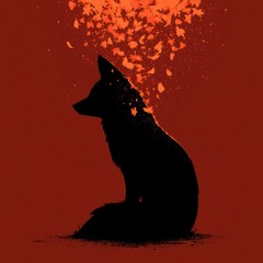 Naklejka premium A fox silhouette sits against a backdrop of glowing leaves in russet colors during evening hours in a natural setting.