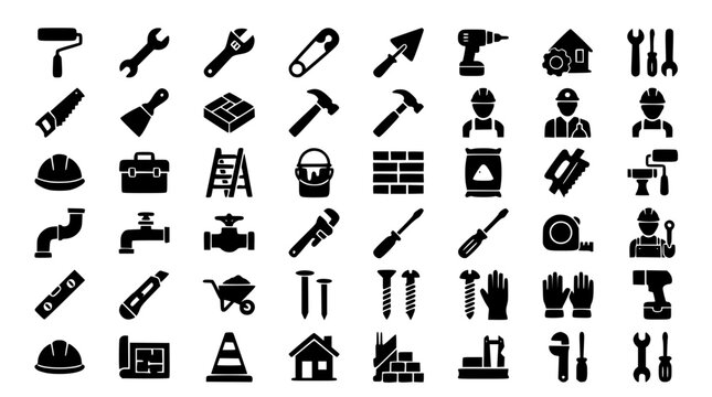 Construction and home renovation glyph icon bundle featuring hardware tools wrenches hammers paint rollers drills plumbing pipes and builder worker vectors