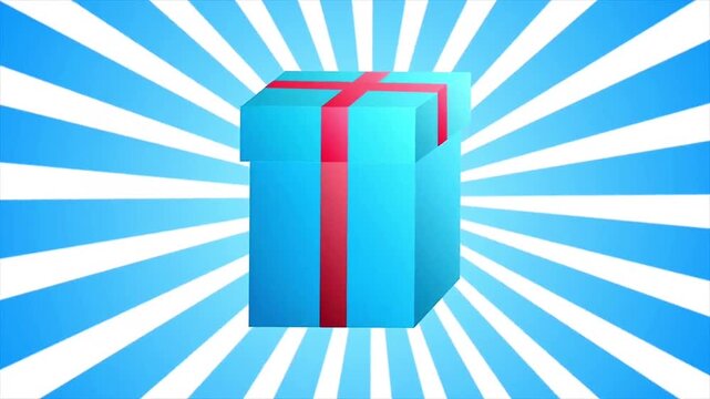 A vibrant 3D animated blue gift box wrapped with a red ribbon gently floating and tilting on a dynamic blue and white sunburst backdrop.