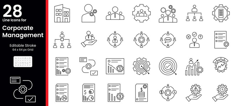 Corporate Management Icons Set &ndash; Business Strategy, Team Leadership, Organization, Planning, Performance, Workflow and Management Symbols in Editable Stroke Vector Collection