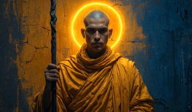 Meditating Monk with Golden Aura Against Textured Blue and Orange Wall