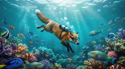 Naklejka premium Red fox wearing scuba gear explores vibrant coral reef with tropical fish