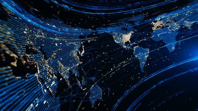 News world map background. Video in loop. Global rotating earth map in shades of blue with network connections. 