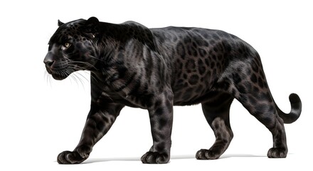 Naklejka premium Powerful black jaguar walking confidently against a clean white background during studio lighting