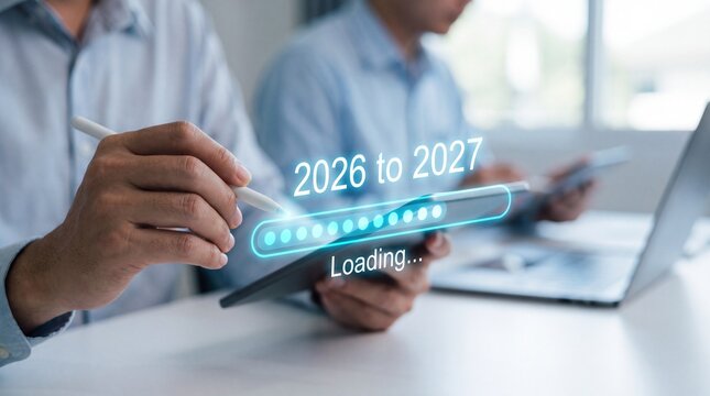 Business professional using digital tablet displaying future year transition loading progress bar interface concept with professional holding stylus