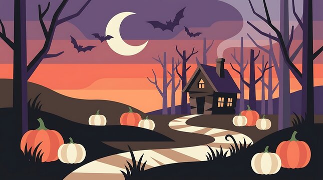 Autumn landscape with wooden house and glowing pumpkins on path under crescent moon for spooky halloween themed seasonal graphic projects.