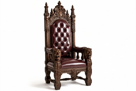 Ornate carved leather throne chair in studio setting