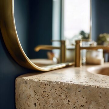 Travertine bathroom vanity with brass mirror and faucet