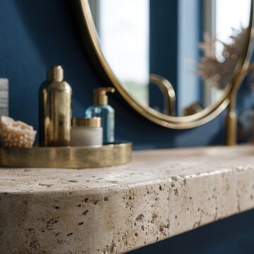 Elegant bathroom interior featuring a natural travertine vanity, integrated sink, round brass mirror and matching fixtures.