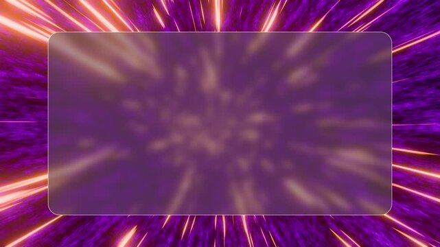 Dynamic neon streaks explode outward behind a sleek frosted glass panel. Glowing purple rays burst across dark background to create futuristic abstract light depth.