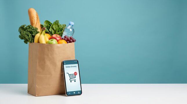 Online grocery shopping delivery service featuring fresh produce and healthy food items in paper bag with groceries smartphone with shopping application