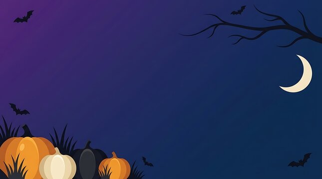 Dark halloween sky with a sliver moon, silhouettes of trees, bats, and pumpkins in foreground, creating a mysterious scene.