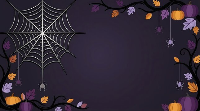 Intricate halloween spider web design with hanging spiders, pumpkins, and autumn leaves on a deep purple background, elegant.