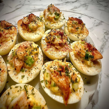 Deviled eggs with bacon and herbs