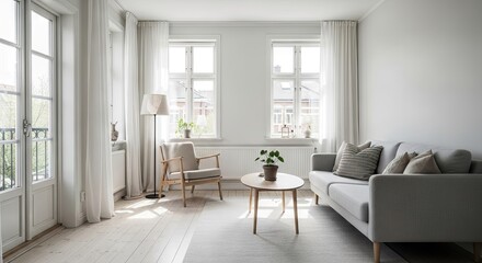 Fototapeta premium Contemporary living room with grey sofa.