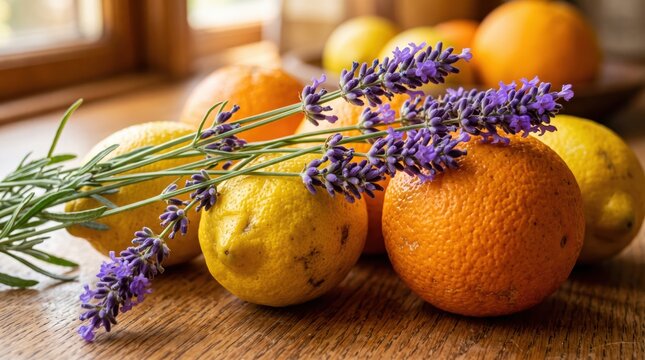 Fresh citrus arrangement with oranges and lemons on wooden surface accented by lavender sprigs, bright tabletop still life conveying natural textures and colorful contrast near window light