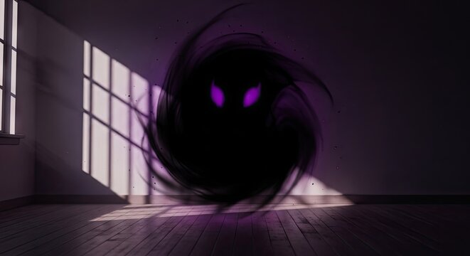 Dark shadowy monster with glowing eyes in empty room