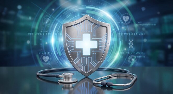 Digital medical shield symbolizing healthcare security protection technology concept with stethoscope on reflective surface background with integrated digital network, 32k Resolution