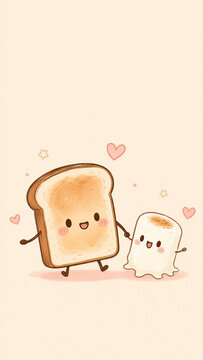 Cute cartoon toast and melted marshmallow holding hands with hearts, cute mobile phone wallpaper and vertical background illustration