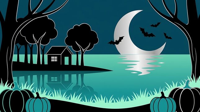 Minimalist halloween lake view with dark trees and house silhouette, crescent moon and bats perfect for october holiday backdrop.